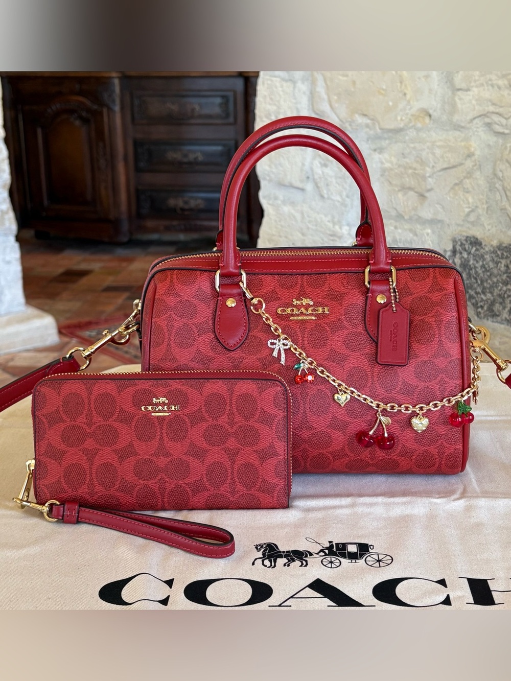 Coach Red Signature Satchel with Matching Wristlet and Charm